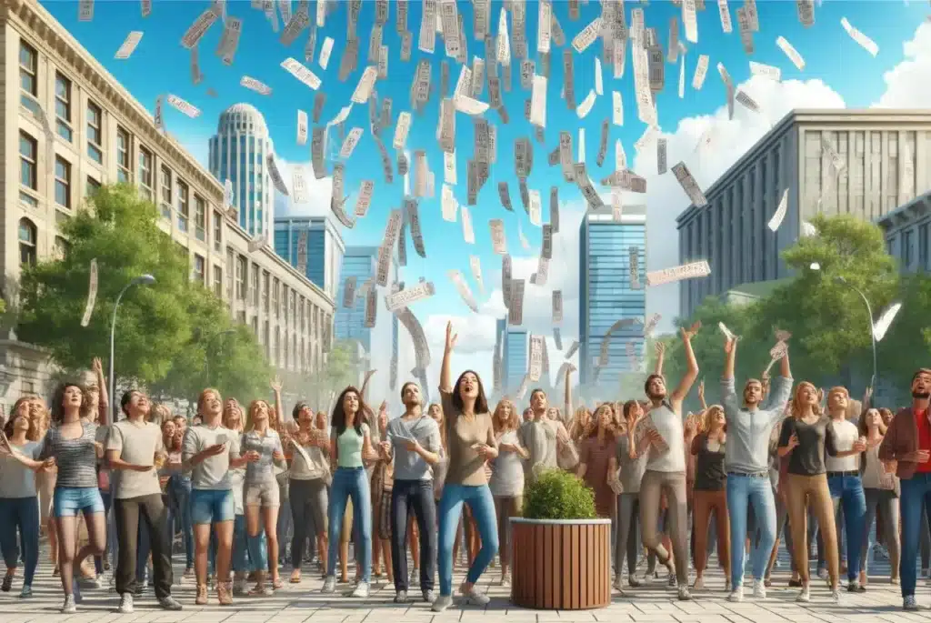A diverse group of people on a street, excitedly catching tickets raining down from the sky, with an urban backdrop of buildings and trees under a clear blue sky.