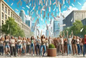 A diverse group of people on a street, excitedly catching tickets raining down from the sky, with an urban backdrop of buildings and trees under a clear blue sky.