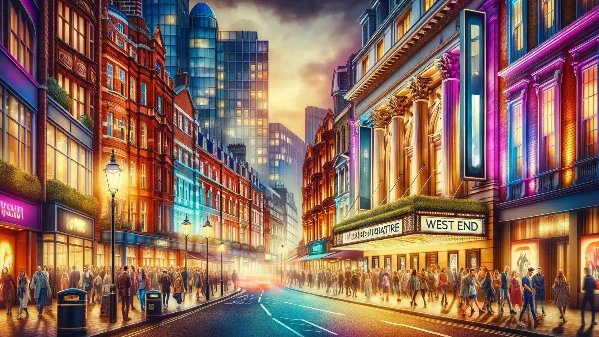 Vibrant West End street in London with illuminated theatres and a bustling crowd at dusk.