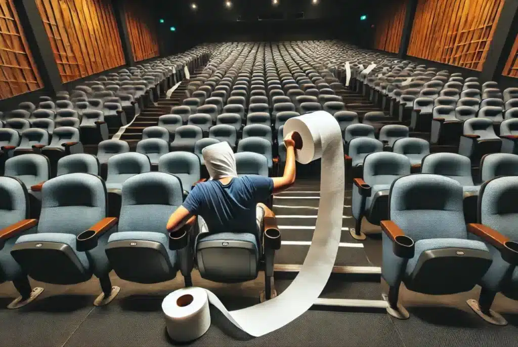 A person in an empty theatre humorously draping toilet paper over the seats, mimicking the process of "papering the house."