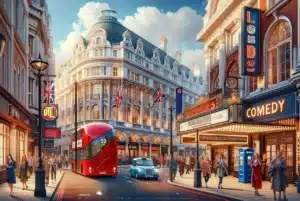 A vibrant street in London with grand theatres, beautiful comedy clubs, and venue entrances, featuring a red double-decker bus and blue police boxes, and people holding tickets.