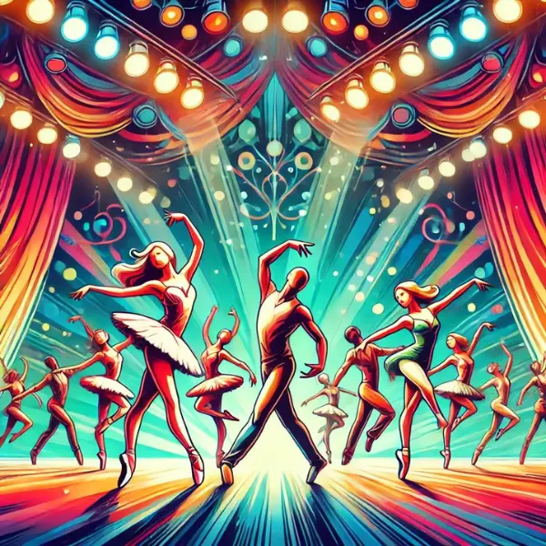 Colorful stage with dancers performing ballet and contemporary styles, dynamic poses, lively background with stage lights.