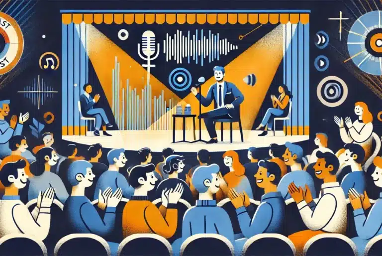 Illustration of a podcast tour with a host on stage holding a microphone and an engaged audience clapping and smiling in a vibrant theater setting.