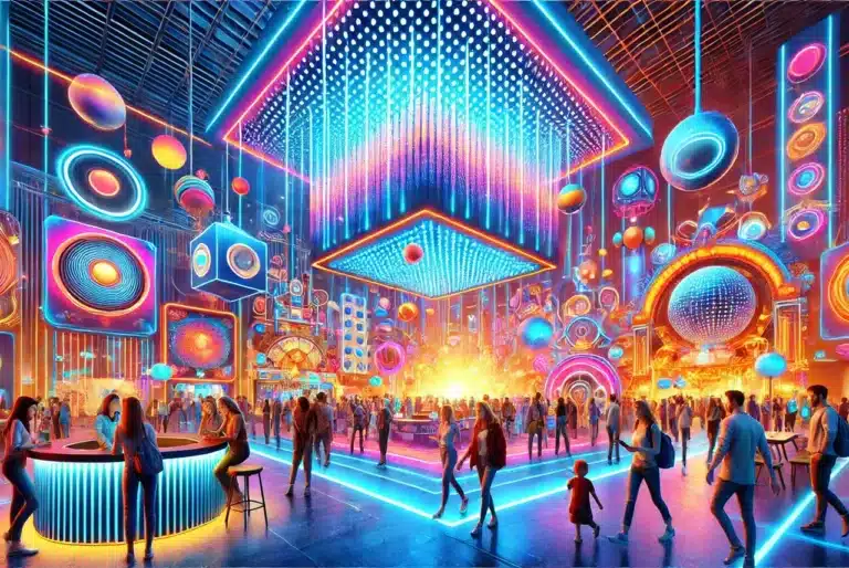 Crowd of people enjoying a vibrant, futuristic immersive experience filled with colorful lights, interactive displays, and performance elements—representing the excitement of seat filling for immersive events.