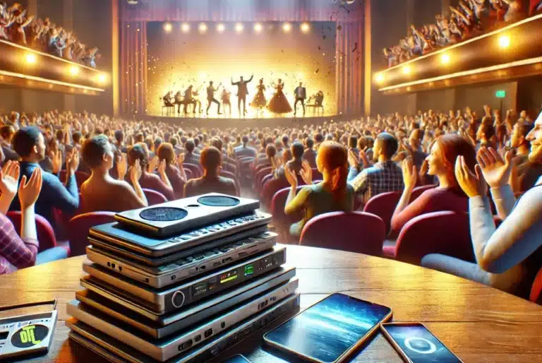 A theater audience enjoying a live performance on a brightly lit stage while a stack of phones, TVs, and computers sits off to the side, symbolizing technology being ignored so the audience can see a show without distraction.