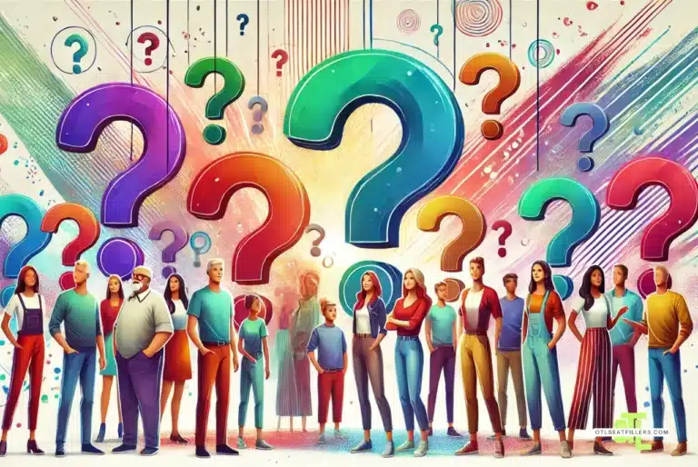 A diverse group of people, including younger and older individuals, standing together with colorful question marks floating around them on a lively, abstract background, symbolizing curiosity and discovery.