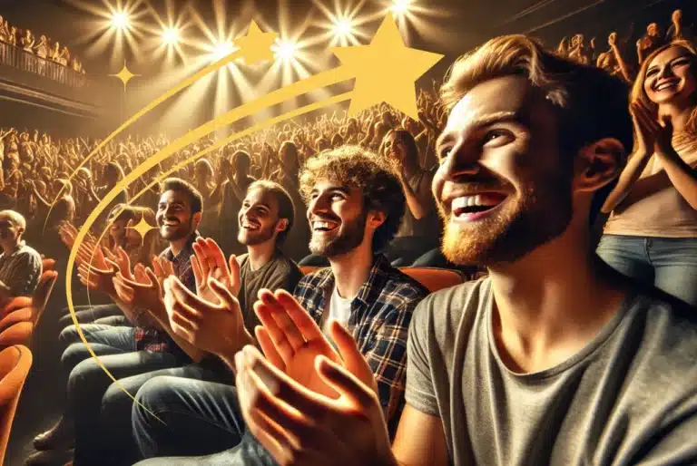 A wide-angle view of a packed theater with an enthusiastic audience clapping and cheering. The stage is illuminated with warm lighting, and the crowd is engaged, smiling, and reacting to the performance, capturing the energy of live entertainment and the audience effect.