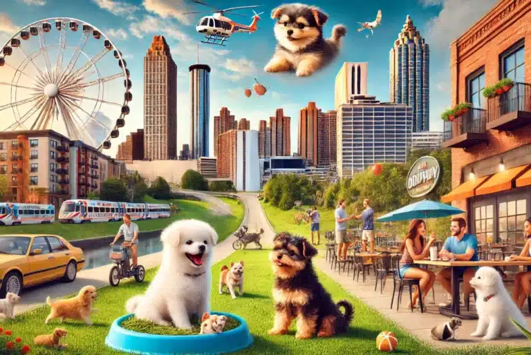 Fun and whimsical image of Atlanta with iconic landmarks, a dog-friendly café, and oversized playful dogs enjoying the city with their owners, ideal for the Things To Do with a Dog Near Me in Atlanta blog.
