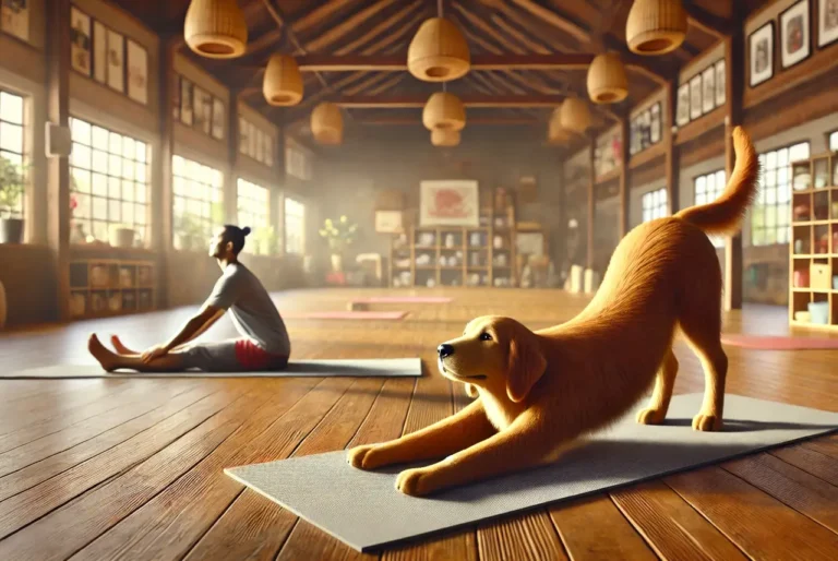 Golden retriever performing a downward dog yoga pose on a mat in a sunlit yoga studio with wooden floors and large windows