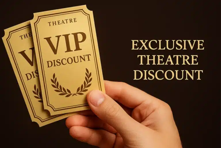 Hand holding VIP theatre discount tickets with the text "Exclusive Theatre Discount" – promotion for LOST & FOUND at the Hollywood Fringe Festival.