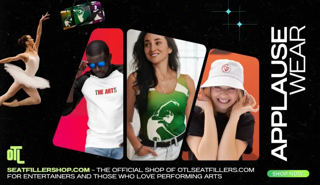Collage of models wearing Heart The Arts™ merch from the Applausewear collection, including caps and t-shirts, with the logo and website SeatFillerShop.com prominently displayed.