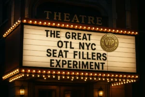 Theatre marquee lit with golden lights, displaying “The Great OTL NYC Seat Fillers Experiment” and a VIP badge that says “Free Tickets”