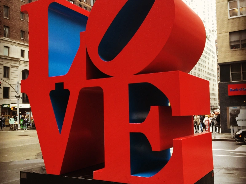 Iconic red and blue LOVE sculpture in Midtown Manhattan, New York City