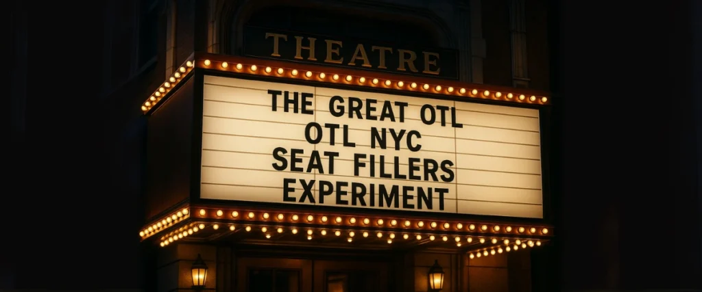The Great 2025 OTL NYC Seat Fillers Experiment sign on a theatre marquee