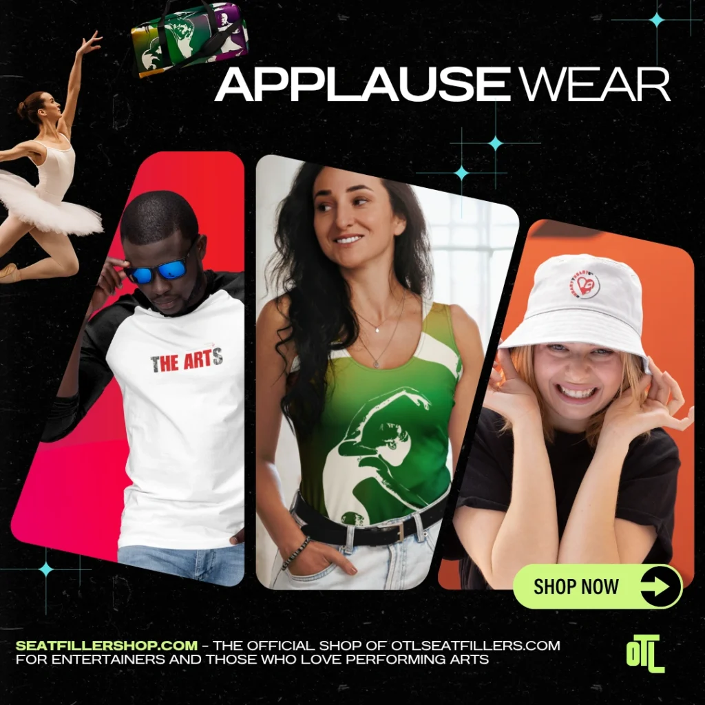 Three models wearing Heart the Arts™ and ApplauseWear fashion, including a Heart the Arts™ tee, dancer tank top, and embroidered bucket hat, with a ballerina and a call to shop SeatFillerShop.com.