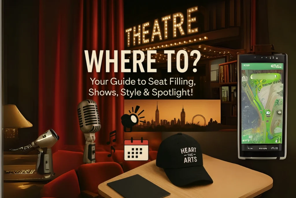 Collage-style image featuring a theatre marquee, red curtain, vintage microphone, calendar icon, musical notes, NYC and London skylines, spotlight icon, and a black "Heart the Arts" cap on a table, with the headline "Where To? Your Guide to Seat Filling, Shows, Style & Spotlight!"