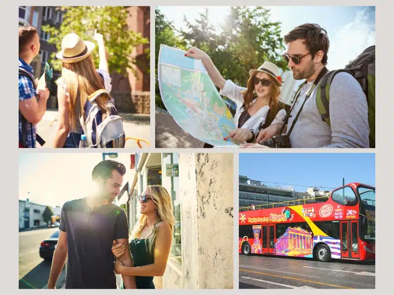 Collage of city sightseeing—travelers reading a map, a couple strolling downtown, and a colorful hop-on hop-off tour bus—representing city and attraction passes.