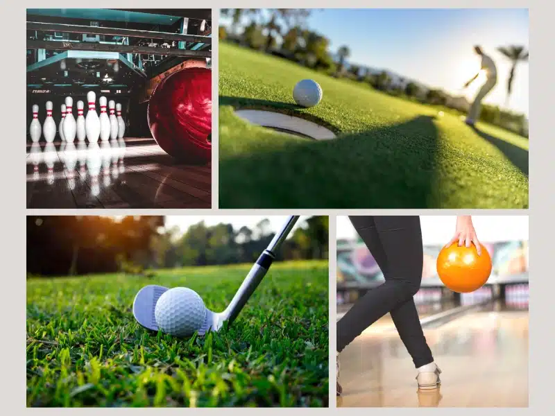Collage of bowling and golf—pins and ball at a lane, a golf ball near the hole, a club addressing a ball on grass, and a bowler holding an orange ball.