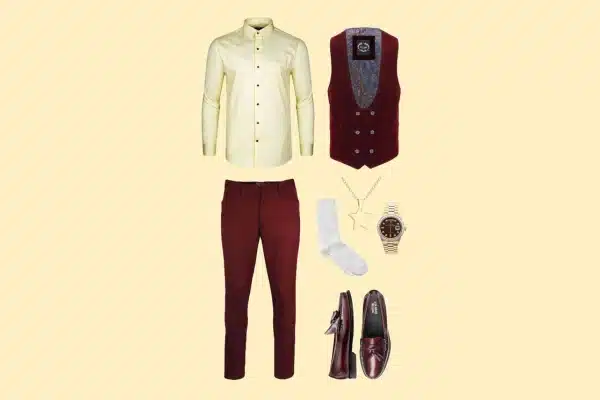 Men’s Hamilton theatre outfit with cream shirt, burgundy vest and pants, loafers, watch, and necklace.