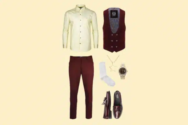 Men’s Hamilton-inspired theater outfit with pastel yellow shirt, burgundy vest and pants, loafers, watch, and accessories.