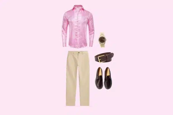 Men’s Legally Blonde theatre outfit with pink shirt, beige pants, loafers, belt, and watch.