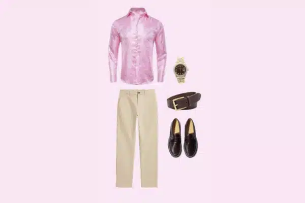 A men’s outfit featuring a shiny pink dress shirt, beige trousers, brown leather belt, brown loafers, and a gold watch.