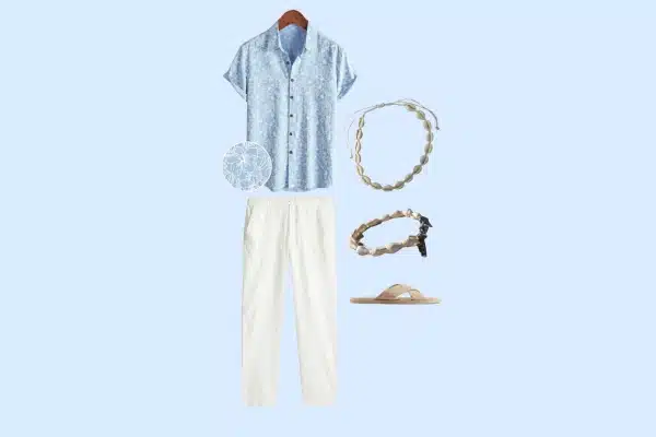 Men’s Mamma Mia theatre outfit with blue shirt, white pants, sandals, and coastal accessories.