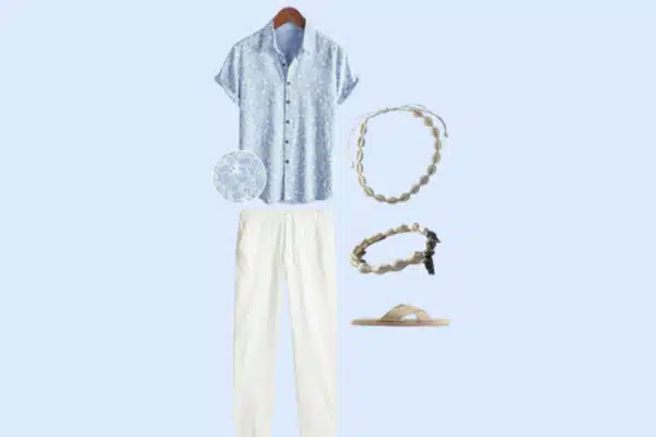 A casual men’s summer outfit with a light blue floral short-sleeve shirt, white drawstring pants, beige flip-flops, and shell jewelry.