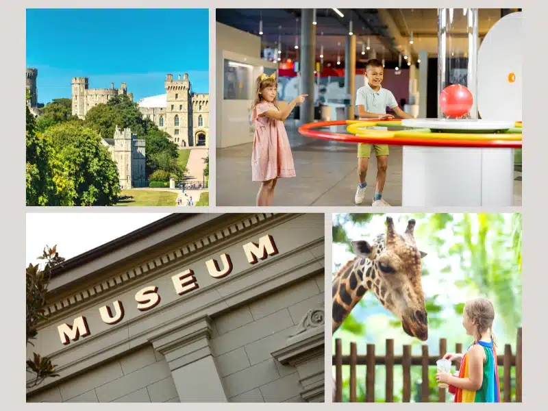 Collage showing a castle, kids exploring a science museum, a museum building, and a child looking at a giraffe—highlighting museums, zoos, and heritage sites.
