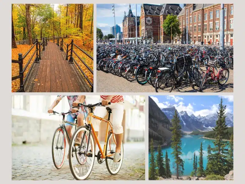 Collage showing a forest boardwalk in autumn, a large city bike lot, people riding bikes, and a turquoise mountain lake—representing park passes and bike-share adventures.