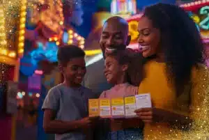Smiling family at a colorful amusement park holding a booklet of tickets, symbolizing ticket clubs and event passes for cheap things to do.