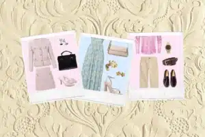 Theatre outfit collage with Polaroid-style cards showing Legally Blonde, Mamma Mia, and pink dressy outfit inspiration on a cream floral background.