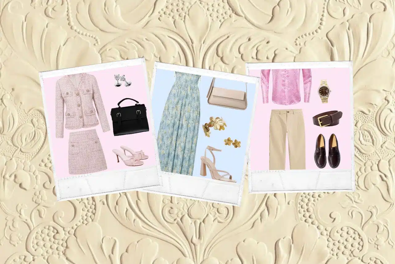 Theatre outfit collage with Polaroid-style cards showing Legally Blonde, Mamma Mia, and pink dressy outfit inspiration on a cream floral background.