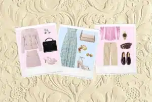 Collage of three styled outfits on a beige floral background.