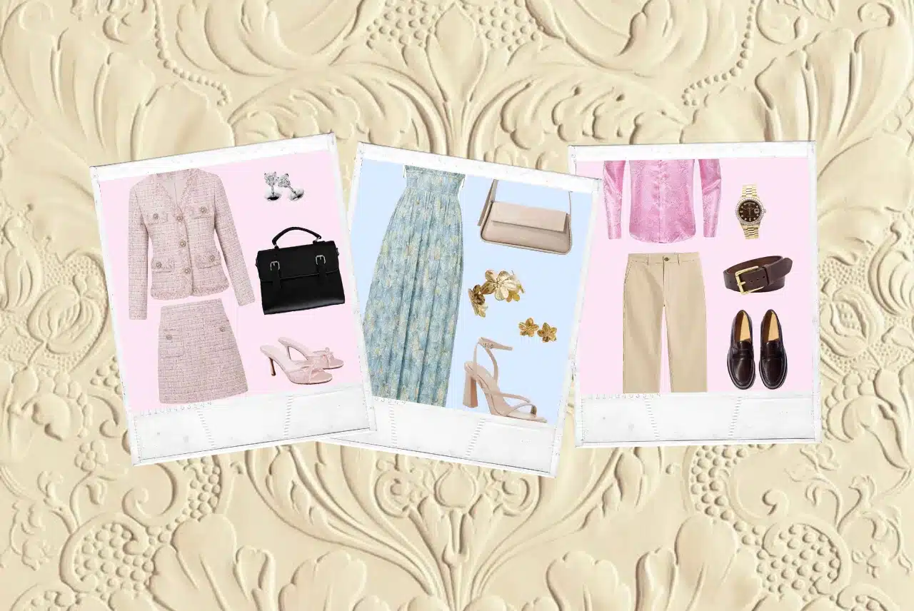 Collage of three styled outfits on a beige floral background.