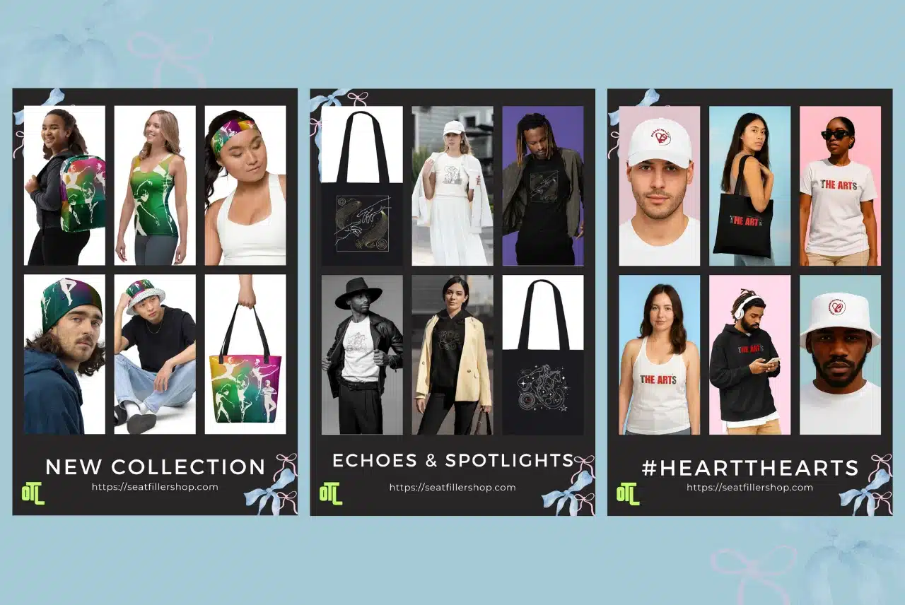 A promotional image showcasing three different collections of apparel and accessories.