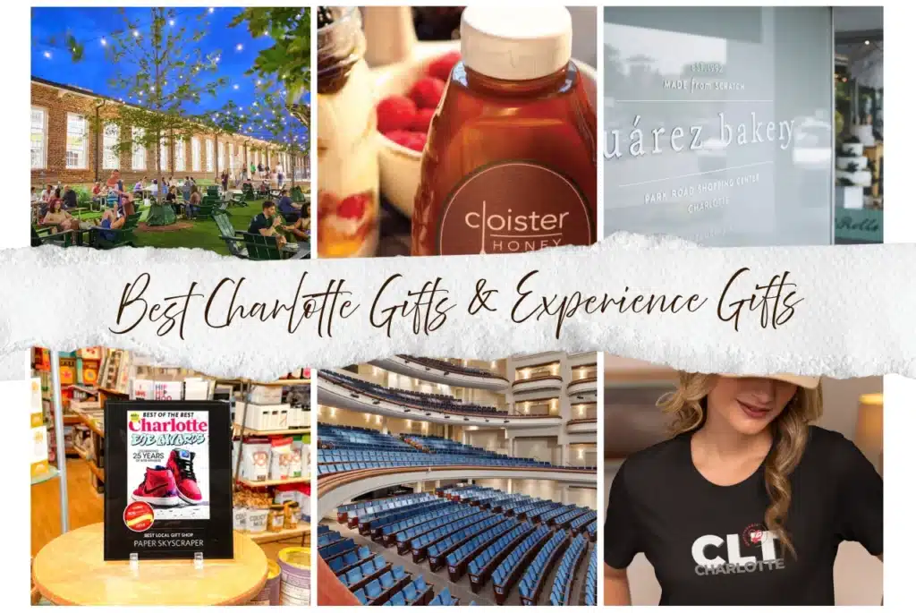 Best Charlotte gifts & experience gifts collage—Optimist Hall patio, Cloister Honey jar, Suarez Bakery window, Paper Skyscraper shop, Blumenthal Performing Arts theater, and CLT City Style tee.