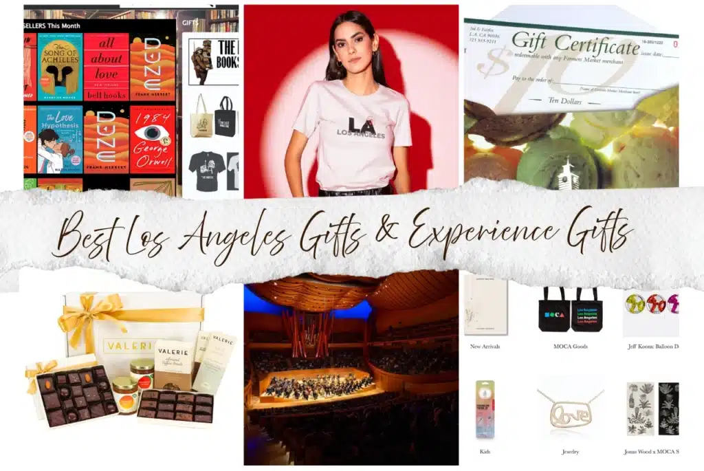 Collage of Los Angeles gifts: LA Phil at Disney Hall, City Style tee, Valerie Confections, market gift card, MOCA.