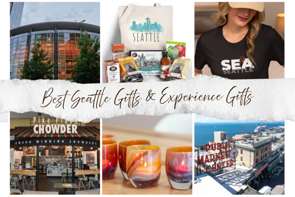 Seattle gifts collage with Pike Place Market, gift basket, City Style SEA tee, chowder shop, and artisan glass candles