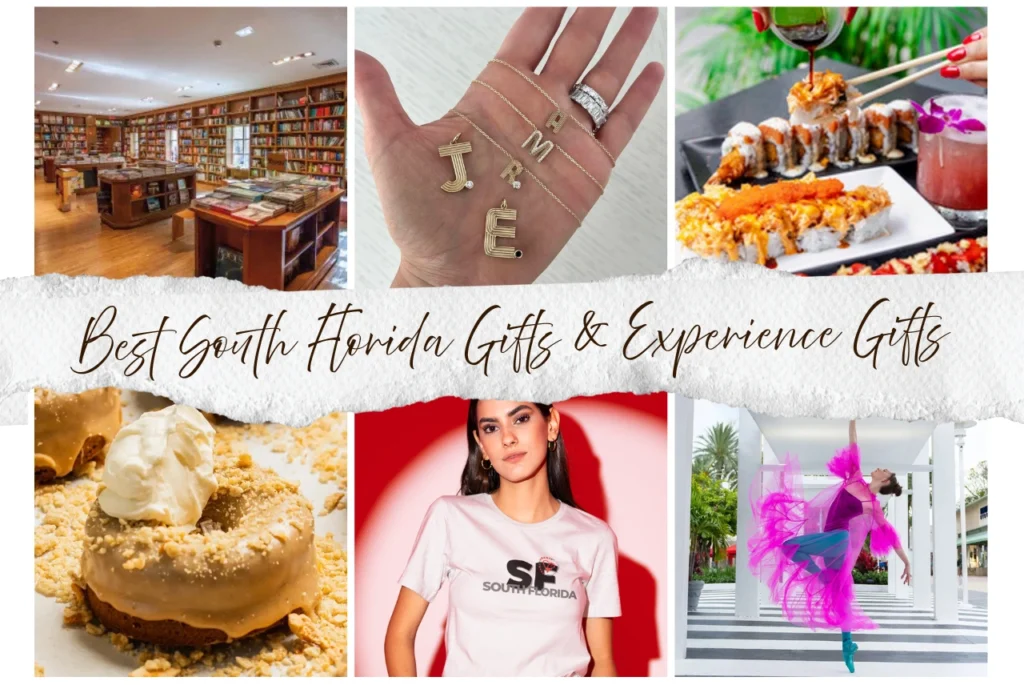 South Florida gifts collage with indie bookstore, personalized initial necklaces, sushi rolls, gourmet donuts, City Style South Florida tee, and ballet dancer