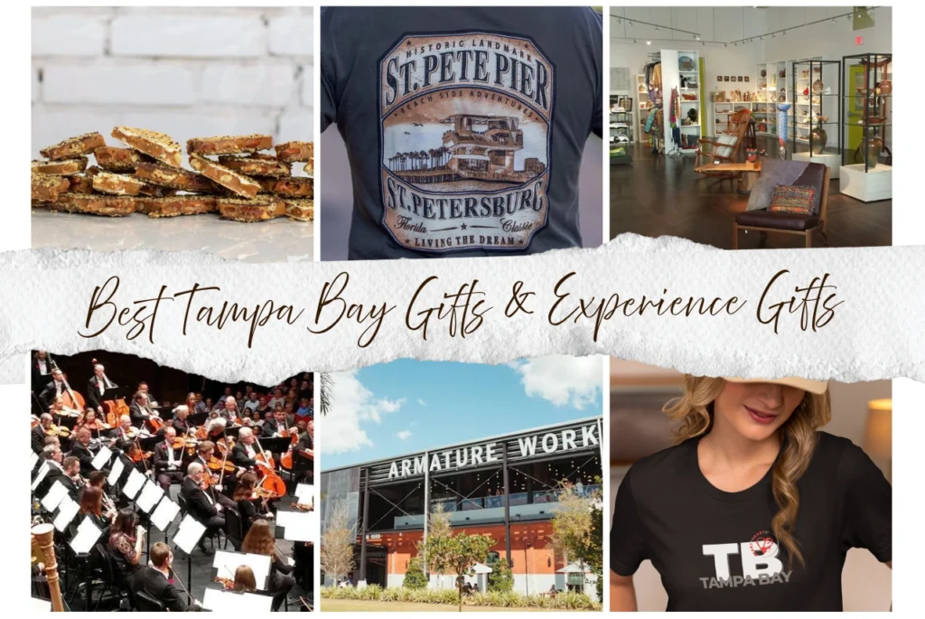 Tampa Bay gifts collage with Toffee to Go, St. Pete Pier tee, craft art gallery, Florida Orchestra, Armature Works, and TB City Style tee