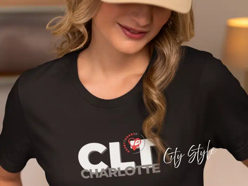 CLT Charlotte City Style t-shirt on model — local pride apparel gift idea.