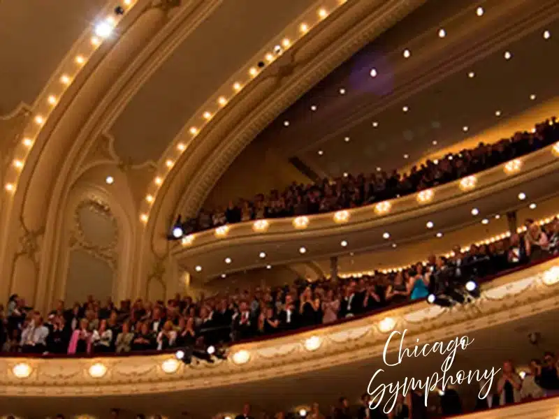 Chicago Symphony Orchestra at Symphony Center—ornate balconies filled with concertgoers before a performance.