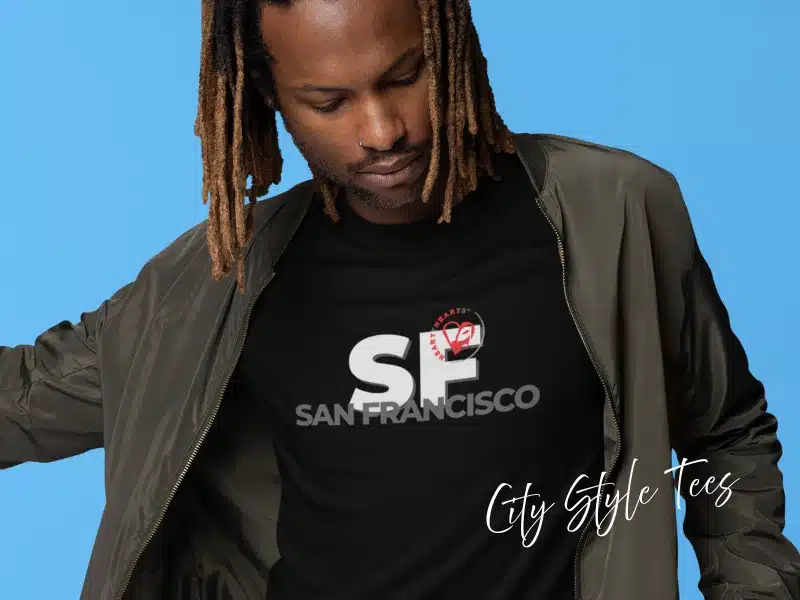 Model wearing black “SF San Francisco” City Style tee—San Francisco gifts & local merch idea.