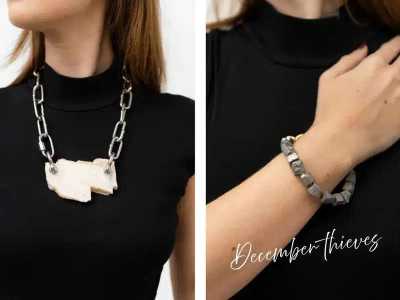 December Thieves jewelry—statement chain necklace and stone bead bracelet—Boston accessories gift idea.