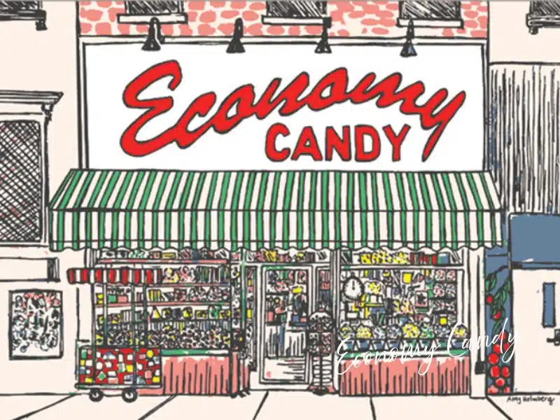 Illustrated storefront of Economy Candy, Lower East Side—NYC gift idea for sweet treats & sampler boxes.