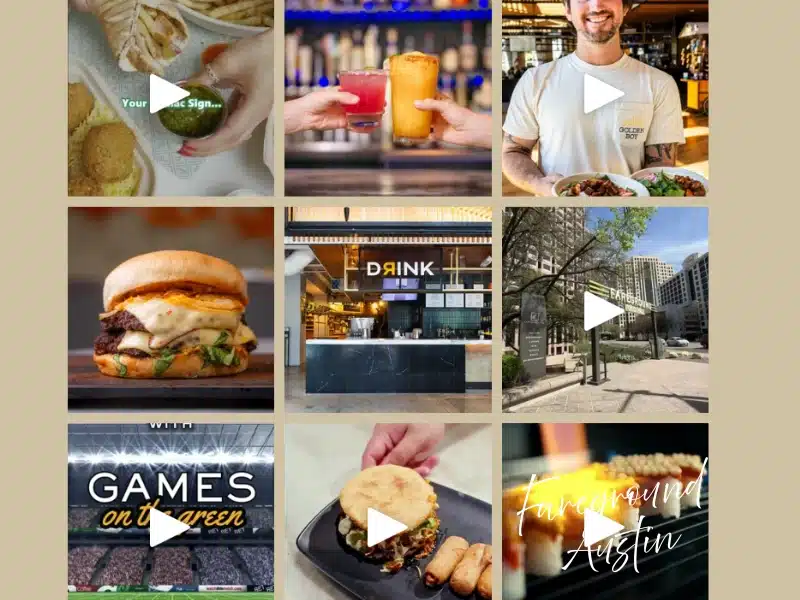 Fareground Austin food hall collage—drinks, burgers, vendors, and entrance—Austin gift card idea.