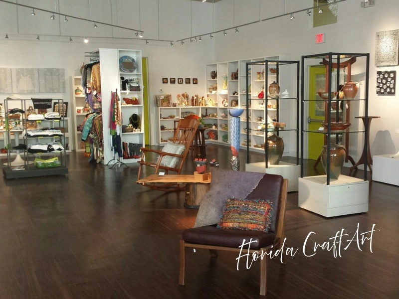 Florida CraftArt gallery interior with artisan ceramics, jewelry, and handmade décor, Tampa Bay gift idea