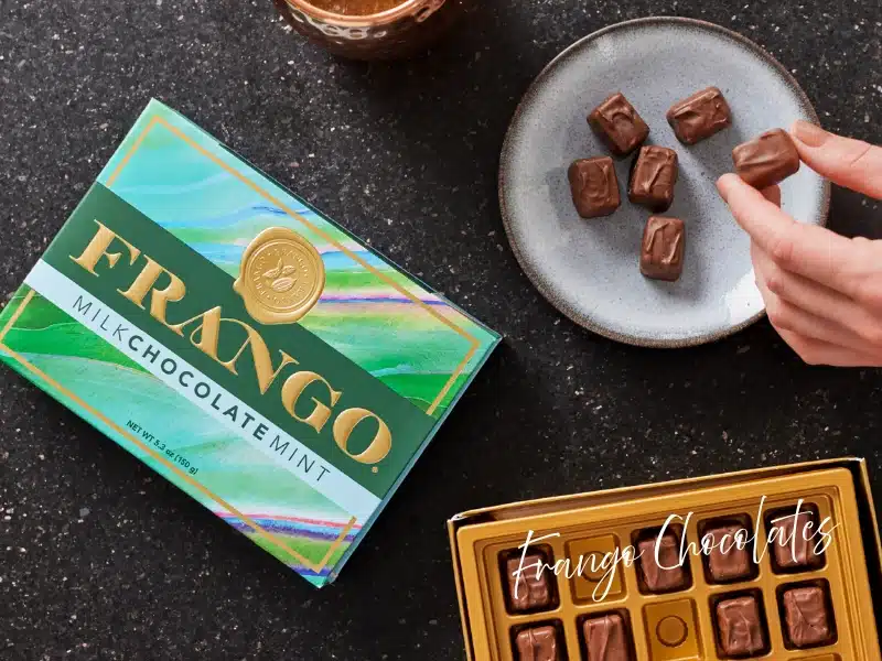 Frango Milk Chocolate Mint box with gold tray and bite-size chocolates—classic Chicago candy gift.