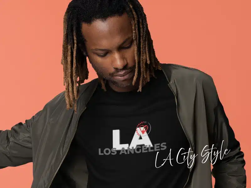 Model wearing black “LA Los Angeles” City Style tee—Los Angeles gifts & local merch idea.